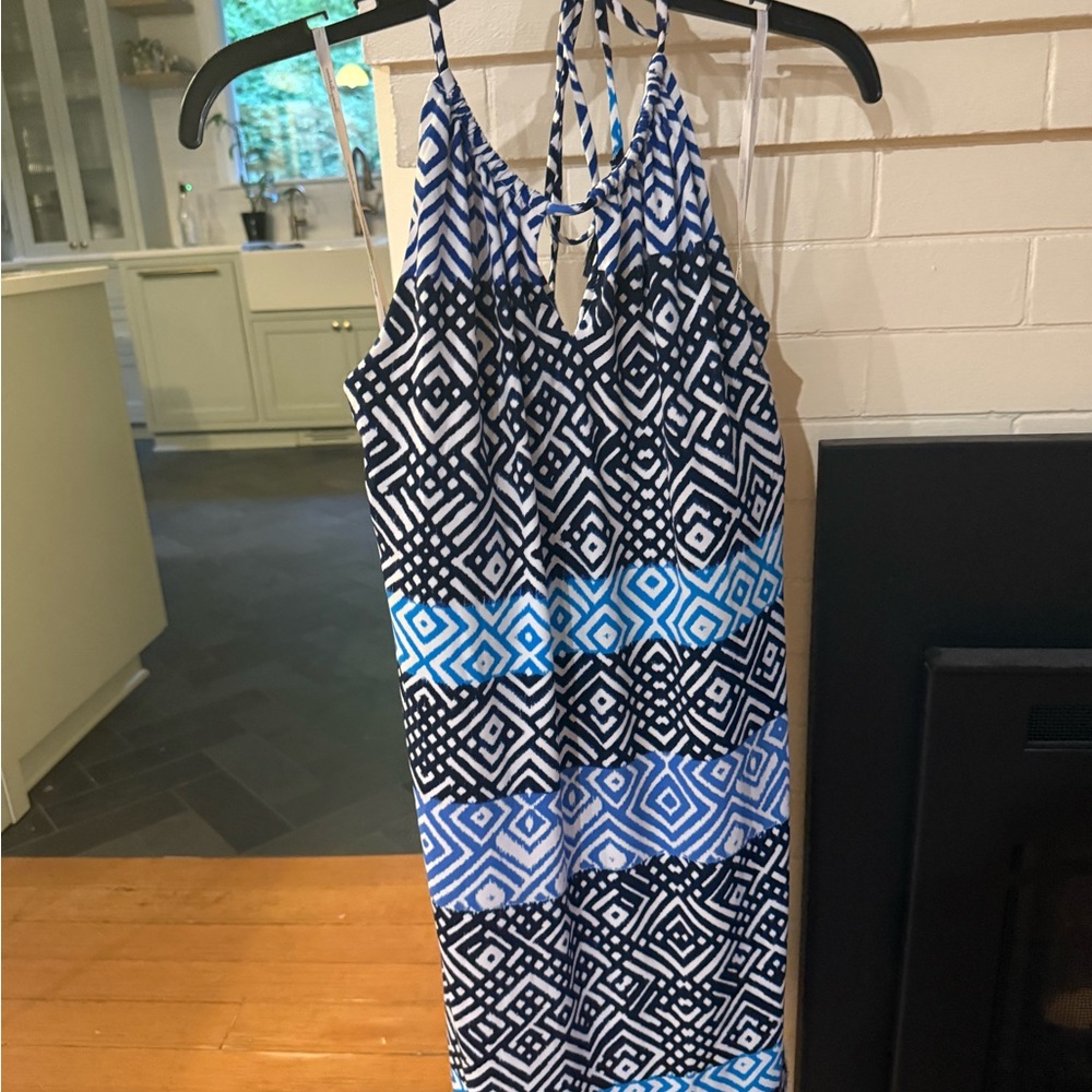Tommy Bahama Blue and Black Geometric Halter Dress (sz S/P)